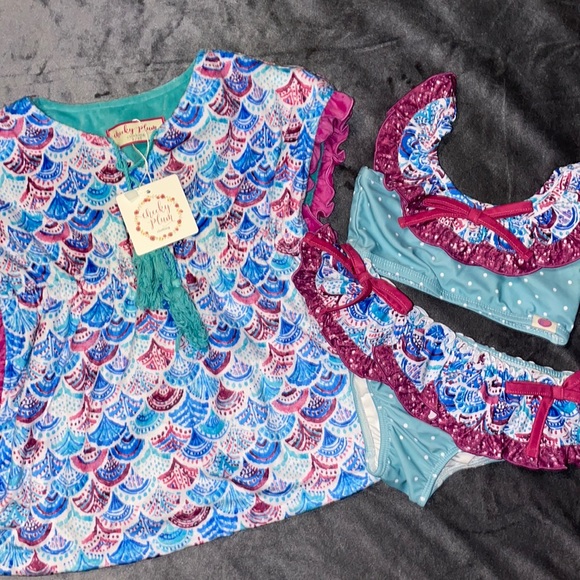 3 pc 2T Cheeky Plum Mermaid Cap Sleeve Bikini Swim Suit NWT & Cover So Cute!!! - Picture 2 of 15